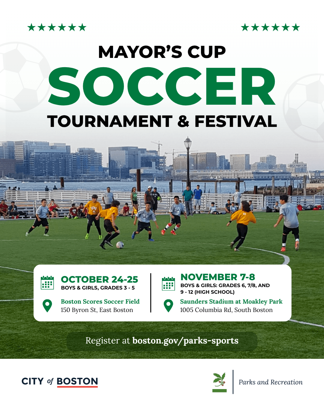 Material de divulgação do torneio de futebol Mayor’s Cup de Boston em 2026.